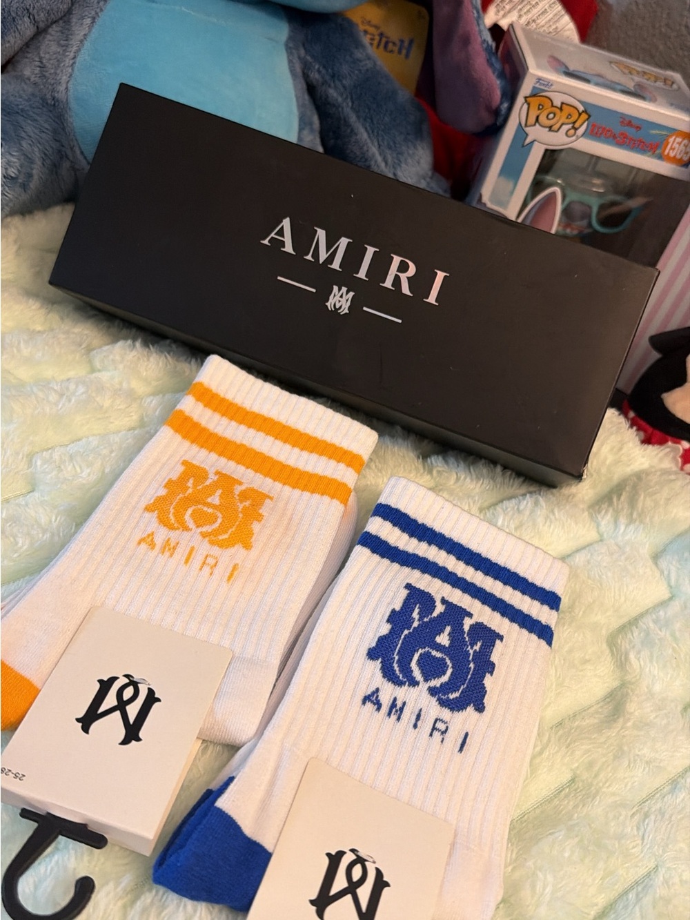 AMIRI White Crew Socks with Blue & White Crew Socks with Orange Stripes